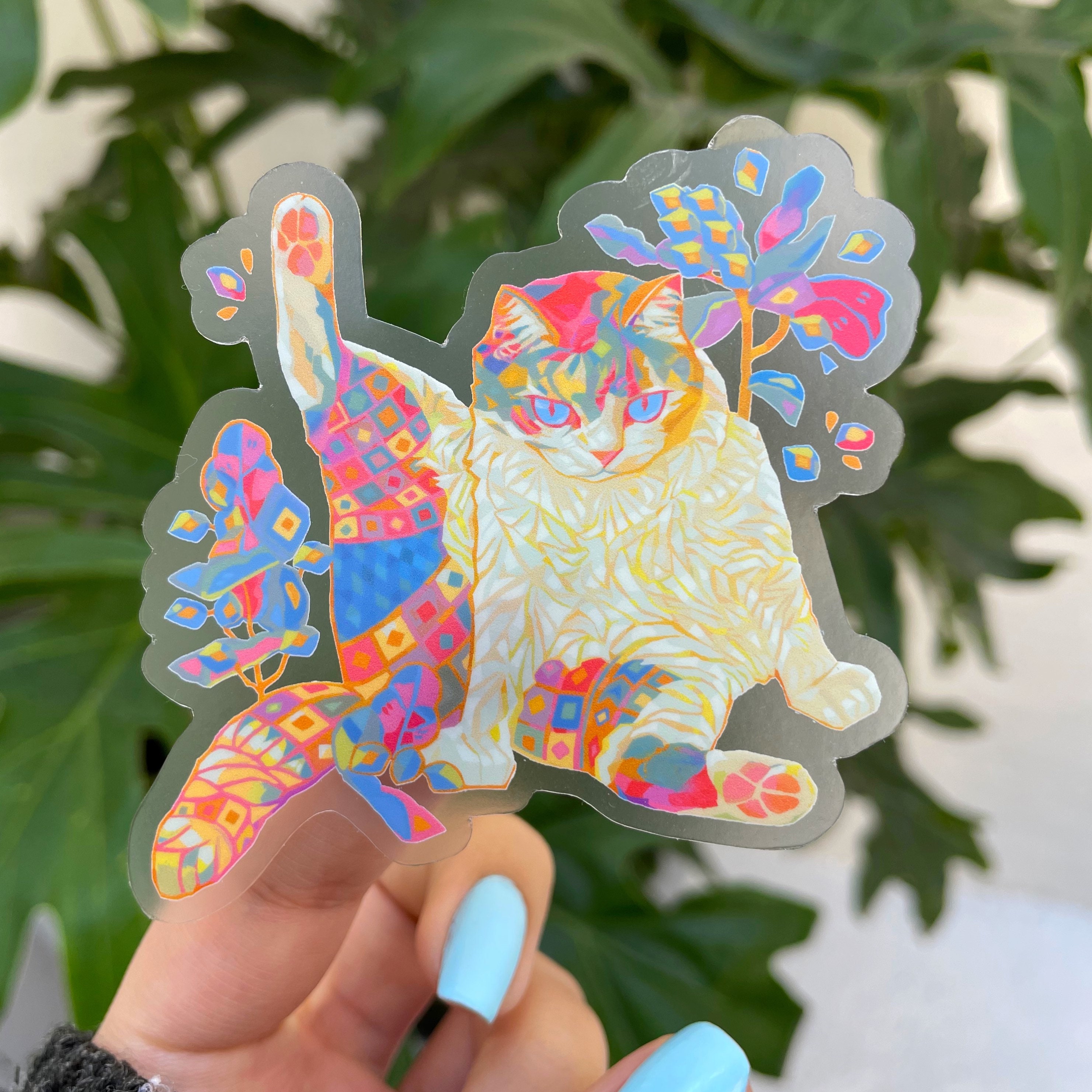 Flamboyant cat Transparent vinyl  sticker - Waterproof sticker -Die cut sticker - Cat sticker