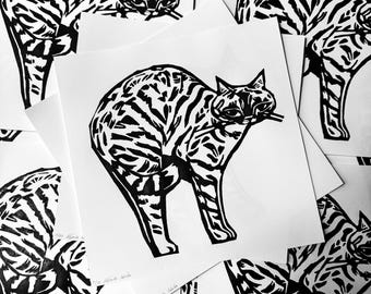 Standing cat Linocut print