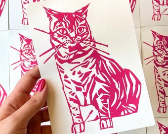 Pink cat linocut print