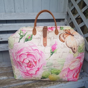 Cream, and pink rose Mary Poppins style Overnight/Weekend Carpet Bag