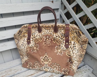 Handmade Mary Poppins style Carpet Bag - Weekender or Overnight Bag in Brown and Cream Paisley Design Plush carpet in Persian Design