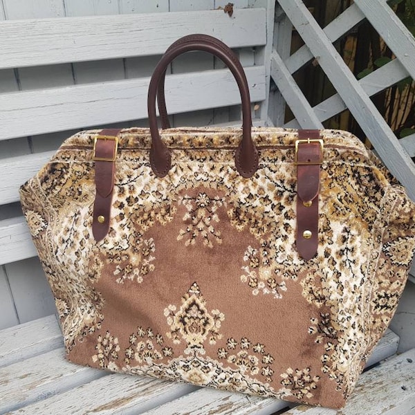 Handmade Mary Poppins style Carpet Bag - Weekender or Overnight Bag in Brown and Cream Paisley Design Plush carpet in Persian Design