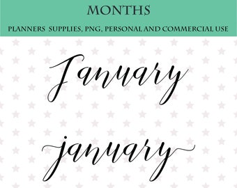 Months Planner clip arts, Scripts names of months font, Bullet Journals Planners, Printable stickers