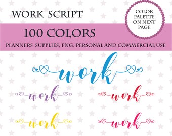 100 Colors Clip Art, 100 Work font clipart, Work sticker clipart, Work digital clipart, Work script, Work printable font