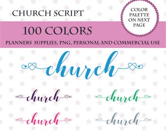 100 Colors Clip Art, 100 Church font clipart, Church sticker clipart, Church for planner, Church script