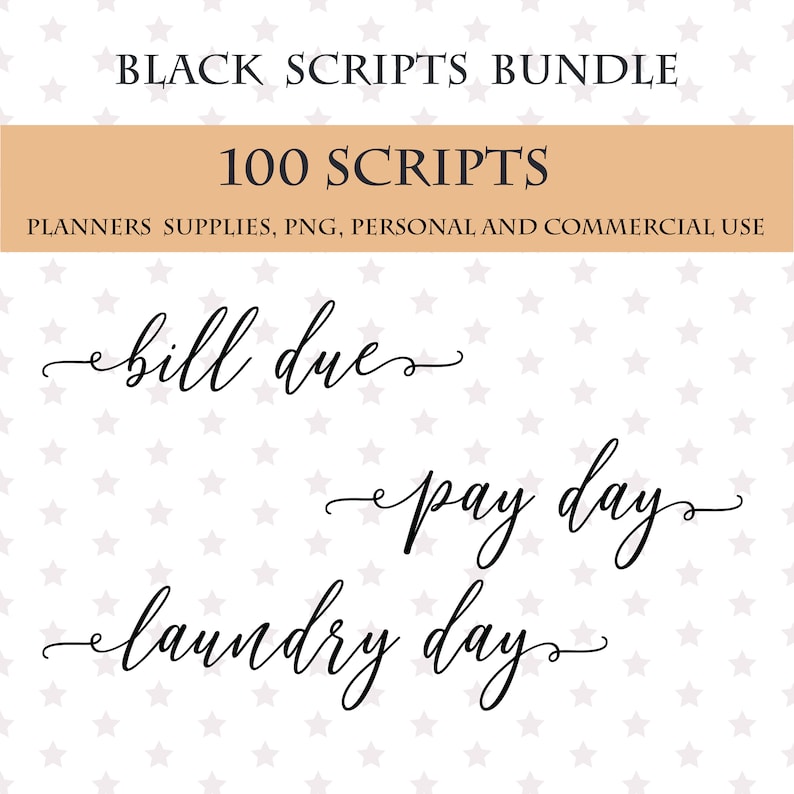 BLACK Calligraphic Scripts Bundle font clipart 100 font digital clipart Planner printable script Font sticker clipart