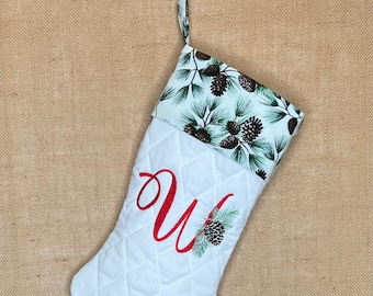 Personalized Quilted Christmas Stocking: Pine Cone Embroidery, Holiday Decor