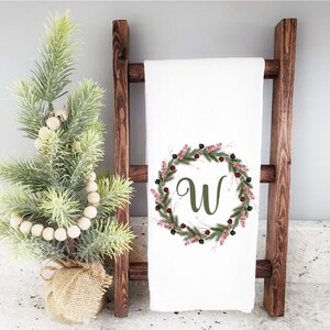Monogram Christmas Tea Towel: Holiday Wreath Flour Sack