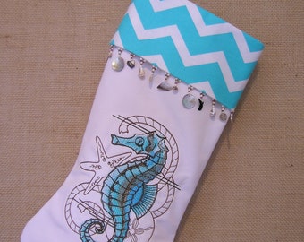 Nautical Christmas Stocking, Embroidered Seahorse Stocking, Nautical Decor, Ocean Blush, Ocean Lover Gift, Crustaceancore, Ocean Decor