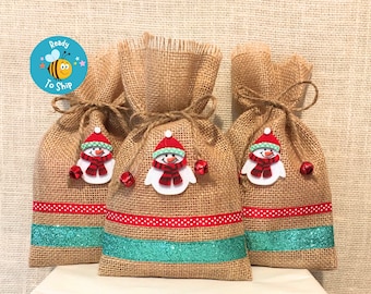 Snowman Burlap Gift Bags, Set of 3 Burlap Bags, Christmas Treat Bags, Christmas Bags, Farmhouse Christmas, Christmas Gift Bags,Ready To Ship