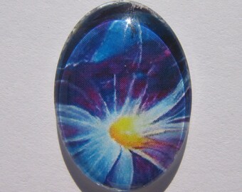 Oval glass cabochon 25 X 18 mm with a yellow and blue image