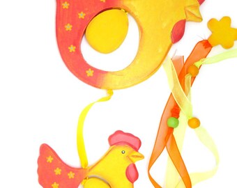 Decorative mobile, hens, multicolored, Ribbon, wood