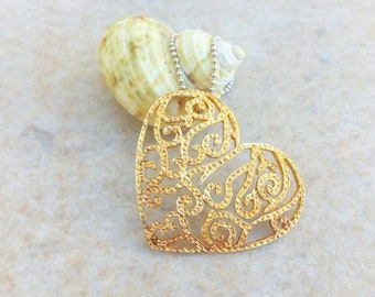 Long Layered Filigree Heart Necklace From 22k Gold Plated Silver, 25th Anniversary Gift For Wife