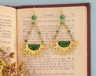 Gold Statement Chandelier Earrings, Long Green Jade Gemstone Earrings, Boho Chic Jewelry Gift For Pisces Birthday