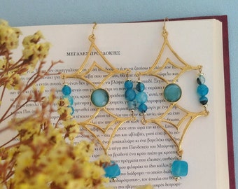 24k Gold Geometric Earrings, Extra Long Blue Jade Earrings, March Birthday Gift For Her