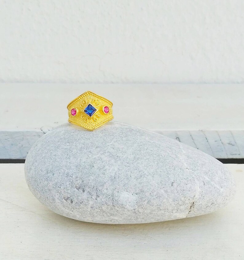 Byzantine Ring, Sapphire Zircon Antique Ring, Ancient Greek Jewelry image 4