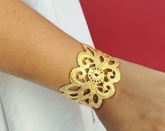 24k Gold Bracelet, Vintage Greek Bangle, Goddess Jewelry Inspired by Folklore Needlecraft