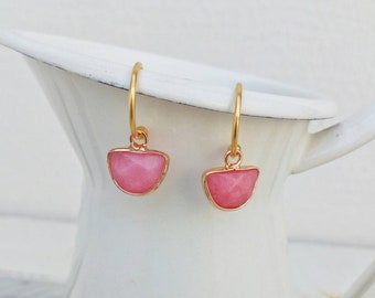 Pink Gemstone Hoop Earrings, Jade Earrings, Minimal Hoops Gift For Her