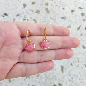 Pink Gemstone Hoop Earrings, Jade Earrings, Minimal Hoops Gift For Her image 4