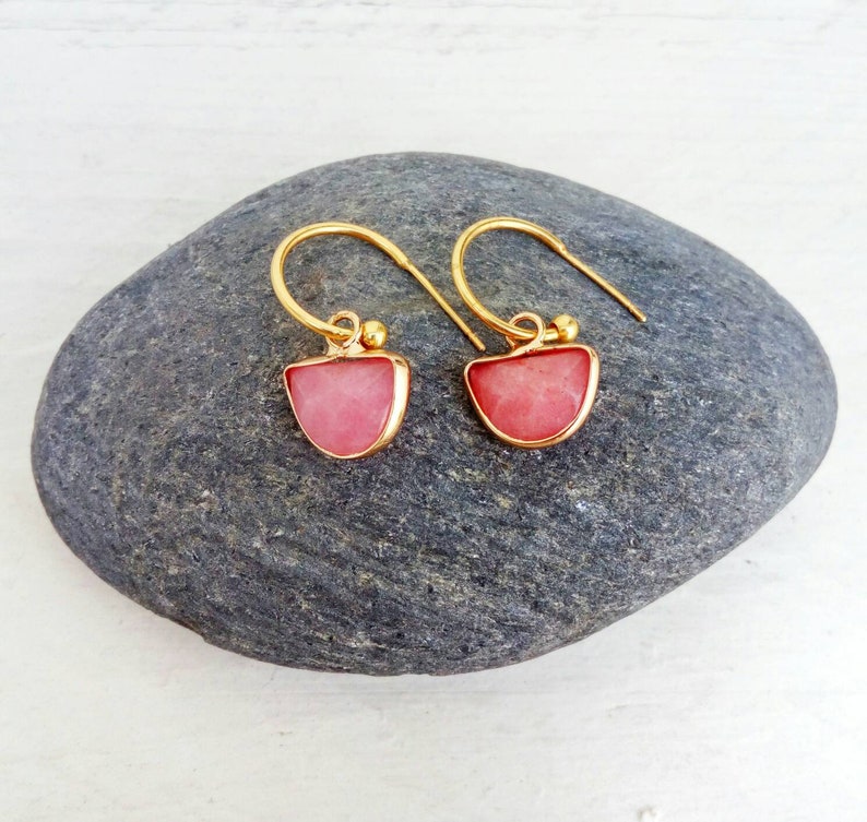 Pink Gemstone Hoop Earrings, Jade Earrings, Minimal Hoops Gift For Her image 5