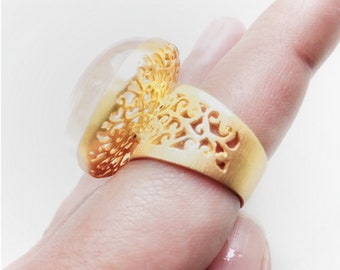 22k Gold Chunky Statement Ring, Clear Quartz Ring Size 7 3/4, Fine Handmade Jewelry Gift For Wife