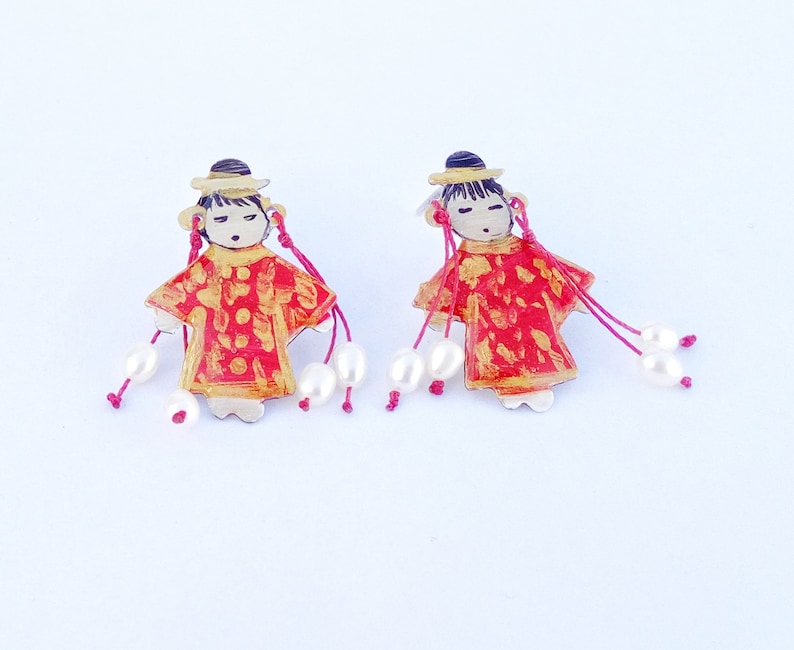 Sterling Silver Cute Stud Earrings Japanese Kimono Doll Earrings