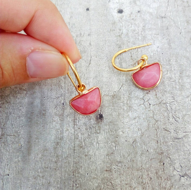 Pink Gemstone Hoop Earrings, Jade Earrings, Minimal Hoops Gift For Her image 6