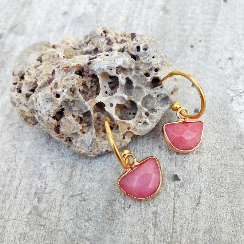 Pink Gemstone Hoop Earrings, Jade Earrings, Minimal Hoops Gift For Her image 2