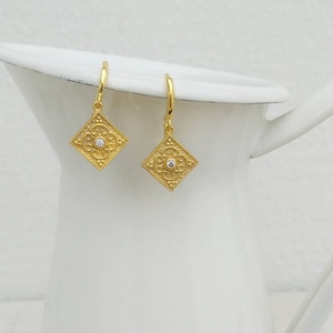 Historical Replica Earrings For Medieval Wedding, Gold Huggie Earrings With Zircon