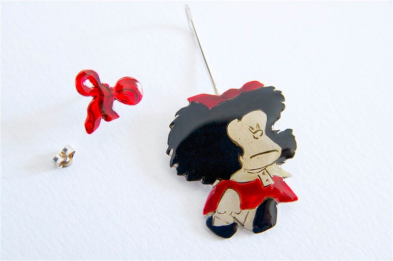 Comic Book Jewelry Girl In Red Long Earring And Bow Stud Silver Mismatched Earrings