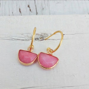 Pink Gemstone Hoop Earrings, Jade Earrings, Minimal Hoops Gift For Her image 7