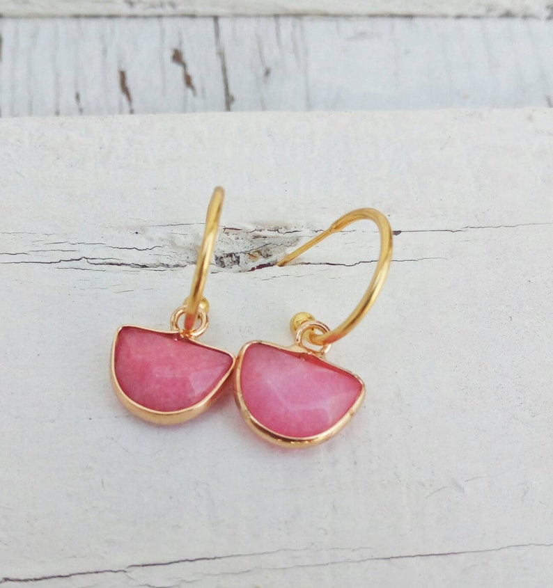 Pink Gemstone Hoop Earrings, Jade Earrings, Minimal Hoops Gift For Her image 7