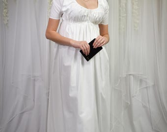 White Cotton Regency Round Gown, Custom Sized and Made to Order