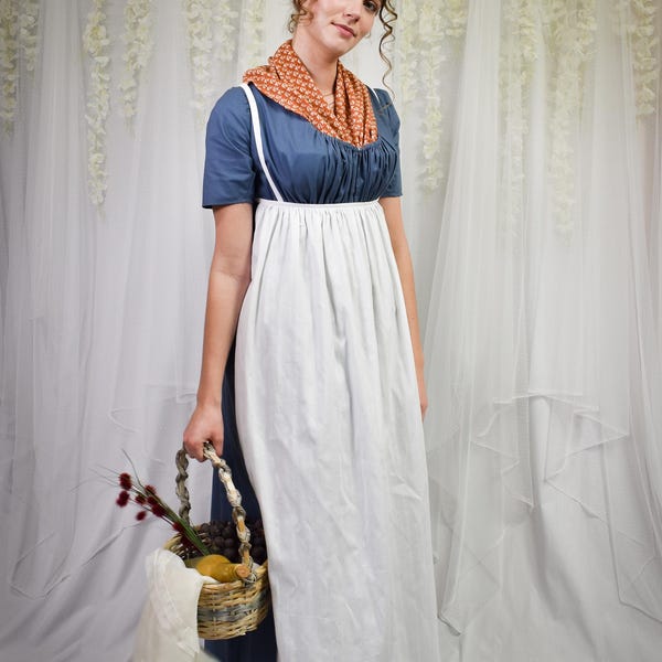 White Cotton Regency Apron, Custom Sized and Made to Order