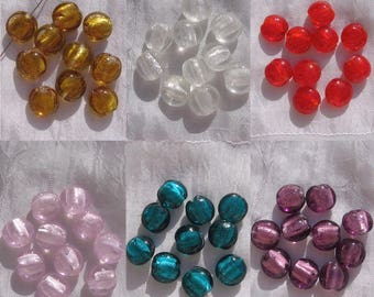 Lot de 10 Perles, perles verre, palets 10mm, pastilles 10mm, pastilles verre, rose, rouge, or, miel, blanc, mauve, turquoise, L322-327