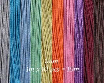 10 meters of 1mm multicoloured waxed cotton thread, 1mm waxed cotton thread, blue, green, burgundy, yellow, and brown thread, CU27