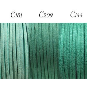 May include: Three samples of green leather cord, labeled C181, C209, and C144. The cords are arranged side-by-side, with C181 being the lightest shade of green and C144 being the darkest.