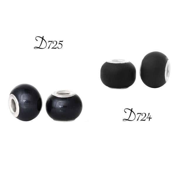 Set of 2 beads, washer beads, black beads, donut beads, silver base, black glass, frosted way, smooth glass, lustrous, D720,724,D725