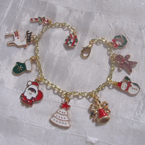 Bracelet à breloques, bracelet doré, breloques Noël, 10 breloques, breloques dorées, mousqueton, bracelet ajustable, Joyeux Noel en Or