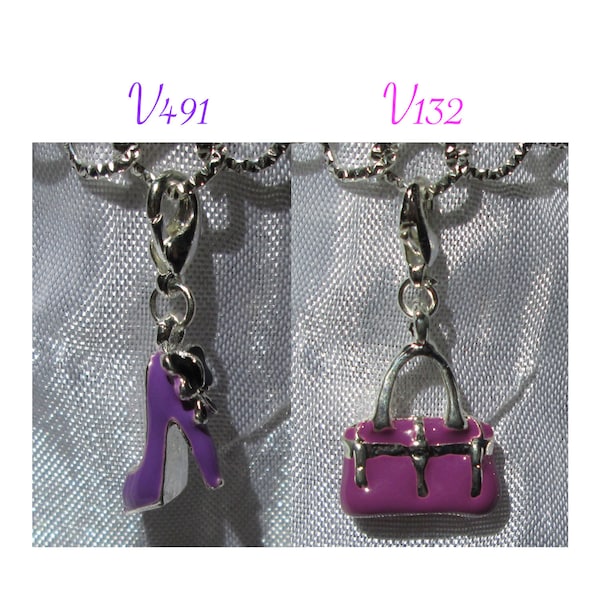 Breloque CHAUSSURE, breloque SAC, sac de luxe, sac mauve, chaussure violette, breloque violette, charm avec mousqueton, argenté, V132, V491