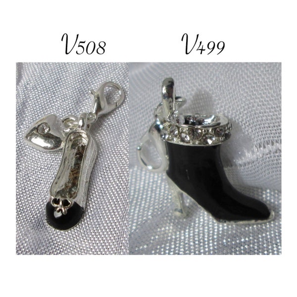 BRELOQUE CHAUSSURE, ballerine noire, bottine noire, strass translucides, chaussure noir, breloque avec mousqueton,clipper argenté,V499, V508