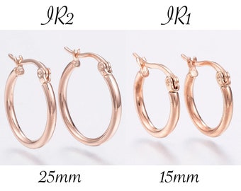 PAIRE DE CREOLES, 25mm, 15mm, boucles d'oreilles, boucles en inox, acier inoxydable, créoles doré, or rose, cercle, créoles en inox, IR1,IR2