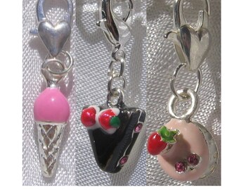 Ice cream cone, Chocolate cake, pink macaroon, strawberry ice cream, birthday gift, silver charm, carabiner, silver, charm,V63,V405,V257