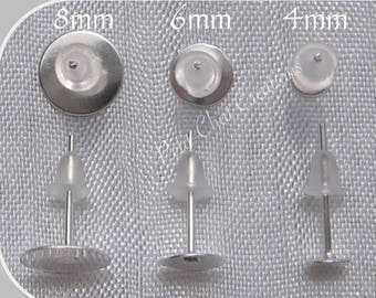 Oorbelsteunen, zilveren studs, lengte 12 mm, zilver metaal, rubberen tips, bakje 4 mm, 6 mm, 8 mm, 150 of 100, A146,147,148