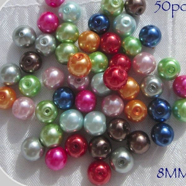 Perles nacrées, lot de 50 perles, verre nacré, perles renaissance, perles bohème 8mm, perles multicolores, lot mix, RU8, RU9, RU10