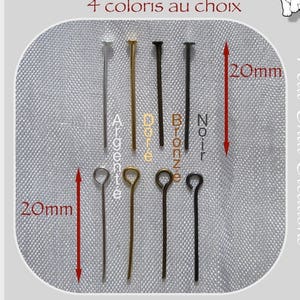 May include: 200 head pins or eye pins in four colors: silver, gold, bronze, and black. Each pin is 20 mm long.