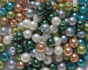 Lot de 150 perles, perles nacrées, perles 6mm, verre nacré, perles renaissance, perles bohème, perles ivoire, vertes, grises, turquoise,RU28