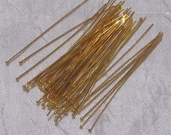 200 Gold-plated brass ball nails, 50mm, nickel-free, ball shanks, round head, 50mm shanks, 50mm x 0.6mm, brass, brass shanks, O205