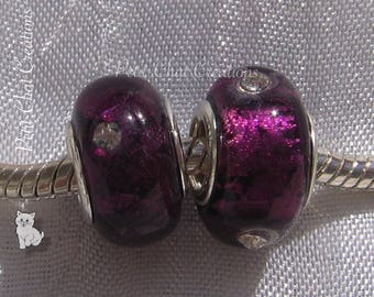 LOT DE 2 PERLES DONUTS VERRE VIOLET METAL ARGENTE POUR CHAINE SERPENT CHARM D710