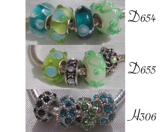 LOT DE 4 PERLES RONDELLES DONUT VERRE VERT TURQUOISE SOCLE UNI ARGENTÉ *D654